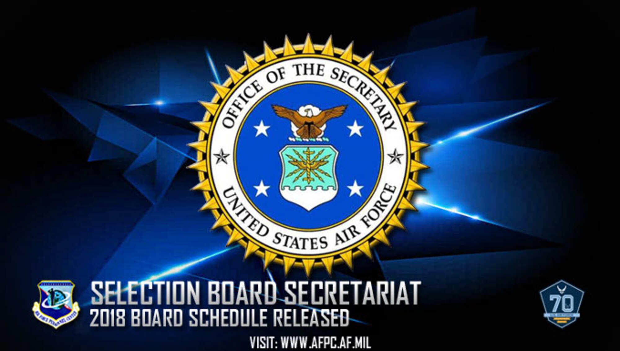 The Air Force Selection Board Secretariat conducts about 140 boards per year, including all general officer promotion and federal recognition boards; officer promotion, continuation and force management boards; master, senior master and chief master sergeant enlisted evaluation boards; and other boards as directed by the Secretary of the Air Force. (U. S. Air Force graphic by Staff Sgt. Alexx Pons)