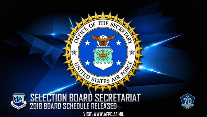 The Air Force Selection Board Secretariat conducts about 140 boards per year, including all general officer promotion and federal recognition boards; officer promotion, continuation and force management boards; master, senior master and chief master sergeant enlisted evaluation boards; and other boards as directed by the Secretary of the Air Force. (U. S. Air Force graphic by Staff Sgt. Alexx Pons)