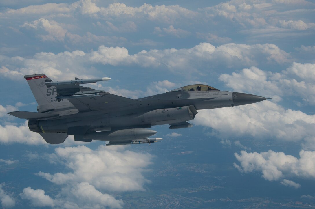 A U.S. Air Force F-16 Fighting Falcon flies over western Germany before receiving fuel during air-to-air refueling training from Spangdahlem Air Base, Germany, May 30, 2017. For more than a week the Iowa Air National Guard has been conducting air-to-air refueling training with F-16s from the 52nd Fighter Wing. (U.S. Air Force photo by Senior Airman Dawn M. Weber)