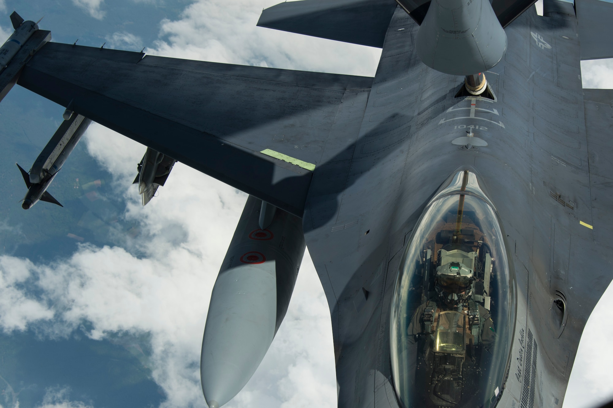 A U.S. Air Force F-16 Fighting Falcon receives fuel during air-to-air refueling training over Spangdahlem Air Base, Germany, May 30, 2017. The Stratotanker assigned to the 185th Air Refueling Wing out of Sioux City, Iowa has been training for more than a week here with the F-16s. (U.S. Air Force photo by Senior Airman Dawn M. Weber)