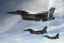U.S. Air Force F-16 Fighting Falcons form up after air-to-air refueling over western Germany, May 30, 2017. During the flight, a KC-135 Stratotanker refueling aircraft passed approximately 60,000 pounds of fuel to 10 Spangdahlem Air Base Fighting Falcons. (U.S. Air Force photo by Airman 1st Class Preston Cherry)