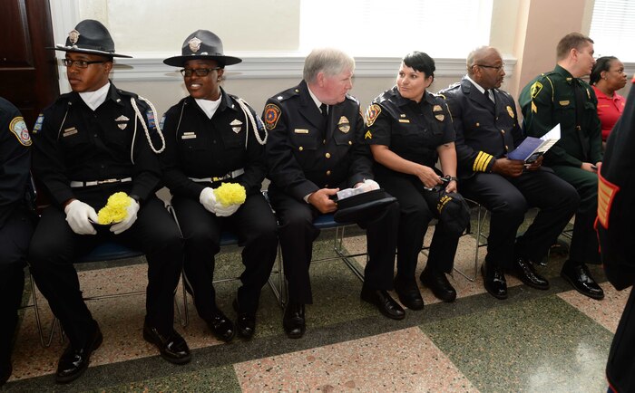 Marine Corps Logistics Base Albany’s Marine Corps Police Department law enforcement personnel join uniformed officers from Albany and Dougherty County Police Departments, Dougherty County Sheriff’s Department to participate in the city’s Law Enforcement Memorial Week Ceremony, recently. Albany State University’s L. Orene Hall was the site for the event, which is held annually to commemorate the sacrifices of police officers who died in the line of duty.