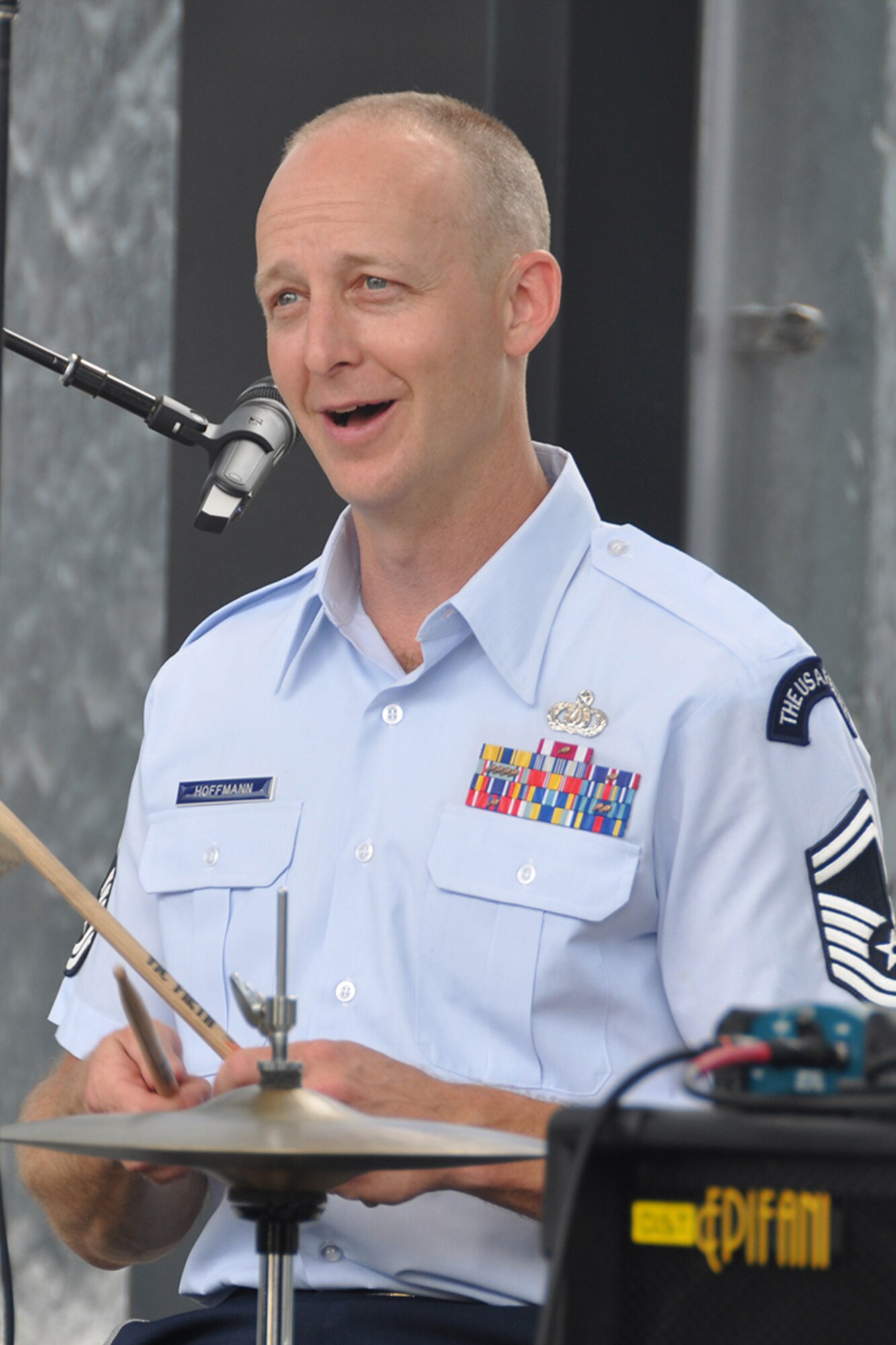 Senior Master Sgt. Dennis Hoffmann, U.S. Air Force Band’s Celtic Aire percussionist and non-commissioned officer-in-charge, performs a pre-game concert at SunTrust Park in Atlanta, Georgia May 20, 2017. “SunTrust Park is awesome,” he said “It's such a great place to watch baseball, hear a concert, eat dinner, and spend quality time with friends and family." (U.S. Air Force photo/Master Sgt. James Branch)