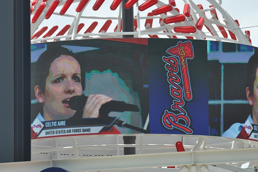 Master Sgt. Emily Wellington, U.S. Air Force Band’s Celtic Aire vocalist and violinist, performs during a pre-game concert at SunTrust Park in Atlanta, Georgia May 20, 2017. As part of the Atlanta Braves’ Military Appreciation Day celebration, the band took the crowd on a folk and pop musical journey, opening with Paul Simon's "Cecelia" and encoring with a medley of the armed forces’ service songs. (U.S. Air Force photo/Master Sgt. James Branch)
