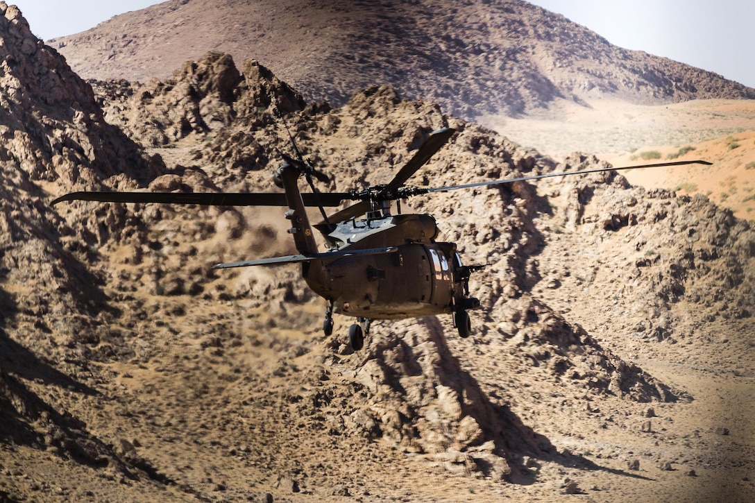 Army pilots fly a UH-60 Black Hawk helicopter on a mission near Kandahar Airfield, Afghanistan, May 27, 2017. Army photo by Capt. Brian Harris