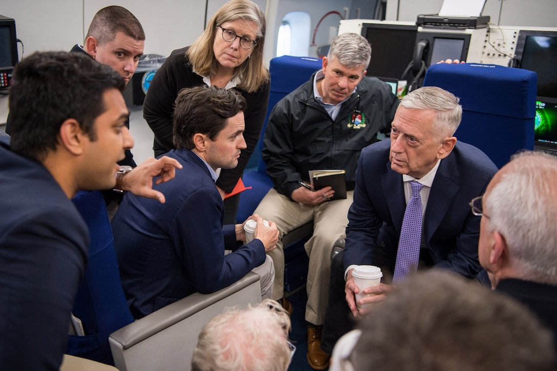 Defense Secretary Jim Mattis speaks with reporters during a flight to Hawaii, May 31, 2017. DoD photo by Air Force Staff Sgt. Jette Carr

