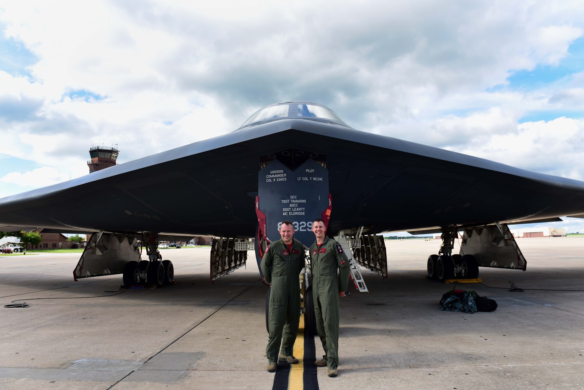 Royal Air Force (RAF) Squadron Leader Wesley Pead, a 13th Bomb Squadron assistant director of operations, left, flew his last B-2 Spirit flight with U.S. Air Force Capt. Dustin Duke, a 13th Bomb Squadron flight commander, at Whiteman Air Force Base, Mo., May 20, 2017. Pead was the fifth foreign exchange officer to take part in the Exchange Officer Program between the U.S. Air Force and the RAF.