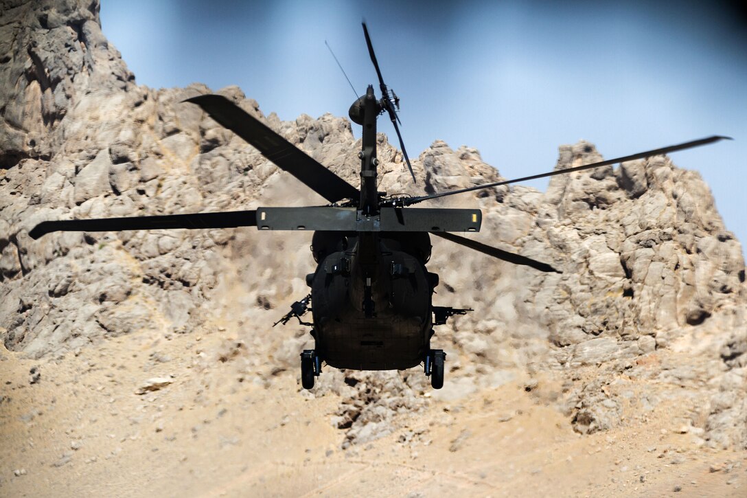 Army pilots fly their UH-60 Black Hawk helicopter on a mission from an undisclosed location near Kandahar Airfield, Afghanistan, May 27, 2017. Army photo by Capt. Brian Harris