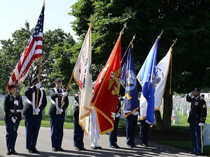 A U.S. Joint Service Color Guard presents the colors during a Memorial Day Wreath-Laying Ceremony at the Hampton National Cemetery in Hampton, Va., May 29, 2017. In addition to ceremonial wreaths placed for each branch of the U.S. Armed Forces, flags were placed at each gravesite to honor those who made the ultimate sacrifice for their country. (U.S. Air Force photo/Staff Sgt. Teresa J. Cleveland)