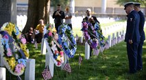 U.S. Coast Guardsmen render a salute after placing ceremonial wreaths during a Memorial Day Wreath Laying Ceremony at the Hampton National Cemetery in Hampton, Va., May 29, 2017. The Memorial Day Observance originated from Observance Day, a tradition which began to honor those U.S. service members who died during the Civil War. It was officially proclaimed on May 5, 1868 by Gen. John Logan, Grand Army of the Republic national commander, in his General Order No. 11. (U.S. Air Force photo/Staff Sgt. Teresa J. Cleveland)