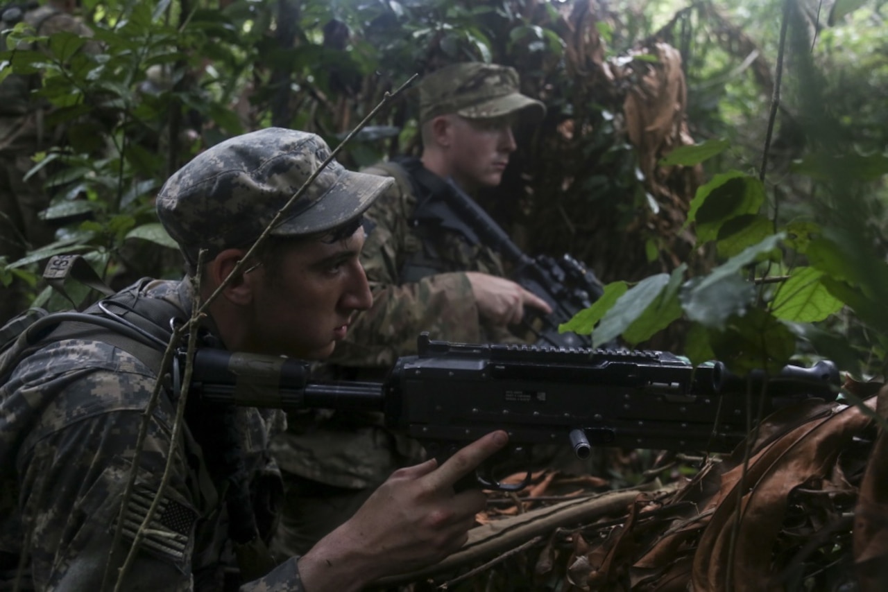 U.S. soldiers assigned to the 1st Battalion, 506th Infantry Regiment provide security during United Accord 2017 at the Jungle Warfare School at Achiase military base in Akim Oda, Ghana, May 26, 2017. Army photo by Sgt. Brian Chaney