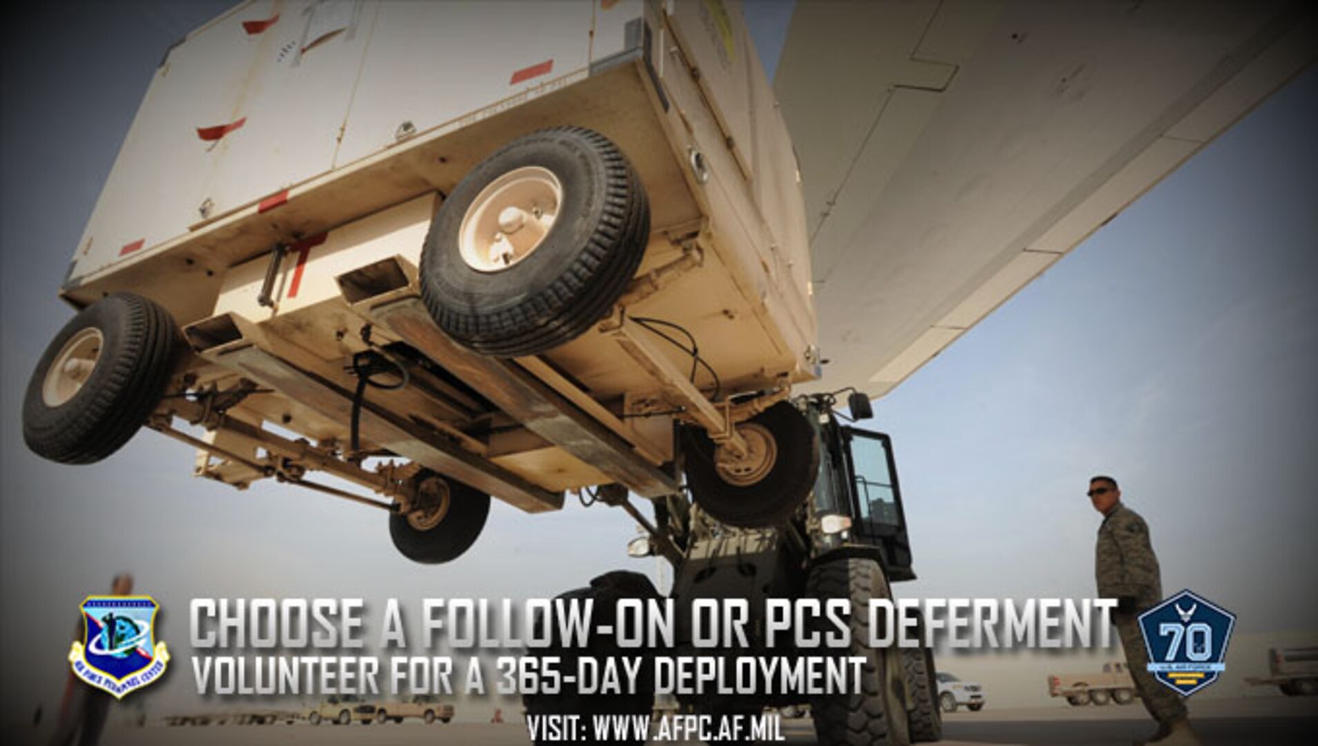 A 380th Expeditionary Logistics Readiness Squadron Airman guides the forklift driver as he removes cargo from its pallet in southwest Asia. Airmen who volunteer for a 365-day deployment can choose between an advanced assignment or a two-year permanent change of station deferment, if eligible. 