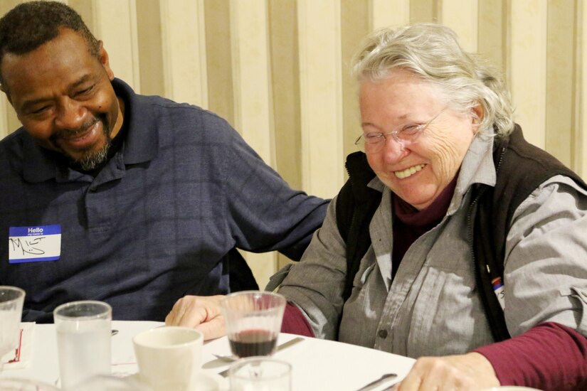 Two veterans share some laughs during the 98th Training Division (Initial Entry Training) Alumni Luncheon on April 20, 2017 in Rochester, New York. The monthly luncheons welcome all veterans from all services. It also keeps 98th alumni informed of the division’s current mission and status as well as other relevant veteran issues. (U.S. Army Reserve photo by Maj. Michelle Lunato/Released)