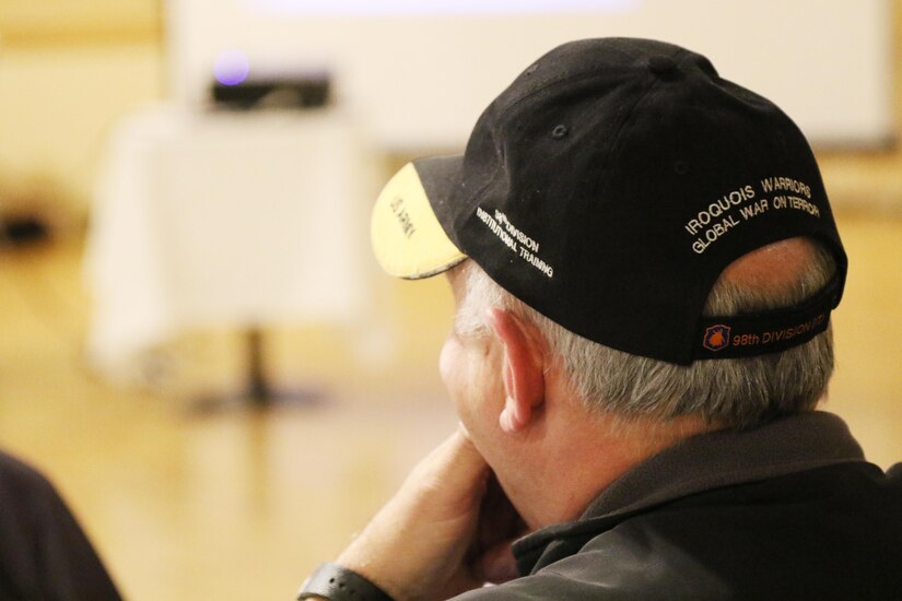 A 98th Training Division (Initial Entry Training) veteran listens to the division update after the 98th Alumni Luncheon on April 20, 2017 in Rochester, New York. The organization, which meets monthly, keeps veterans informed on current division events and veterans issues. It also provides an opportunity for veterans of any service to gather together for comraderie and support. (U.S. Army Reserve photo by Maj. Michelle Lunato/Released)