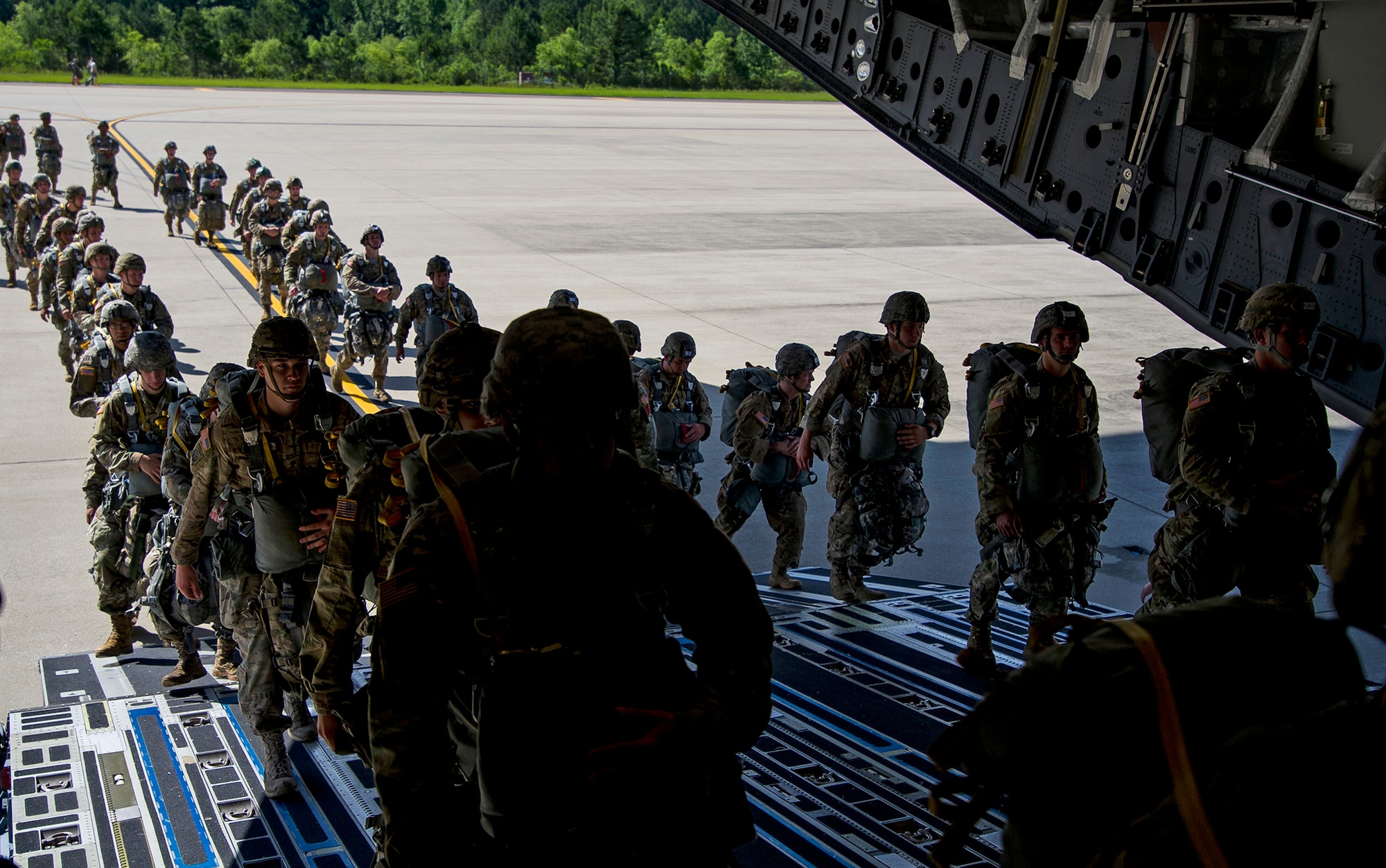 About 1,600 paratroopers from the 82nd Airborne Division packed 18 C-17 Globemaster IIIs from Joint Base Charleston, S.C. en-route to a Fort Bragg, N.C. airdrop May 25. (U.S. Air Force Photo / Tech. Sgt. Bobby Pilch)