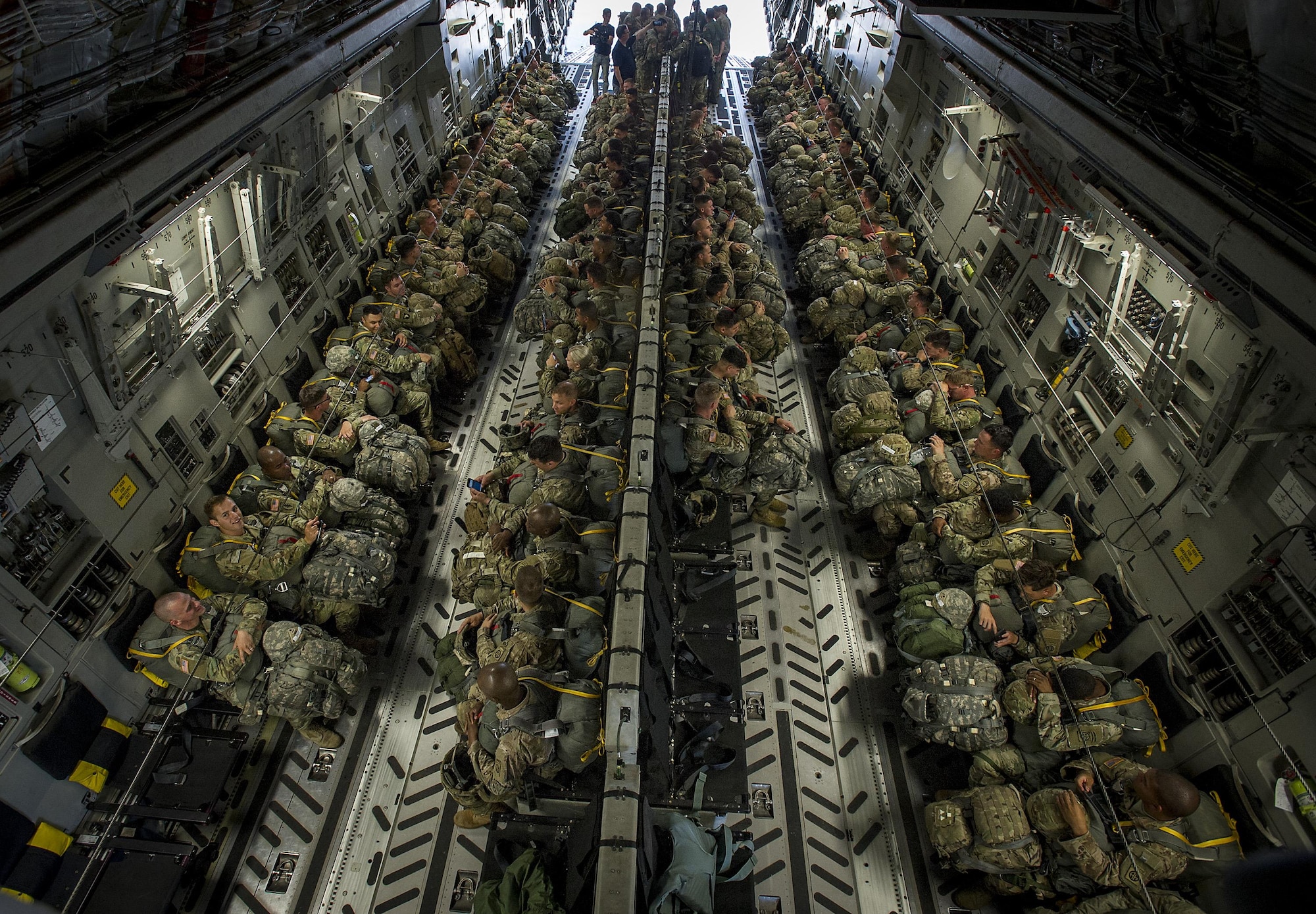 About 1,600 paratroopers from the 82nd Airborne Division packed 18 C-17 Globemaster IIIs from Joint Base Charleston, S.C. en-route to a a Fort Bragg, N.C. airdrop May 25.
 (U.S. Air Force Photo / Master Sgt, Shane Ellis)