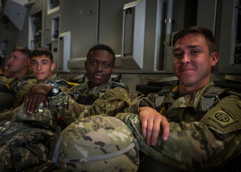 315th Operations Group Commander, Lt. Col. John Robinson give Army jumpmasters a pre-jump briefing before they take off for their drop zone at Fort Bragg, N.C. About 1,600 paratroopers from the 82nd Airborne Division packed 18 C-17 Globemaster IIIs from Joint Base Charleston, S.C. en-route to a a Fort Bragg, N.C. airdrop May 25. (U.S. Air Force Photo / Master Sgt, Shane Ellis)