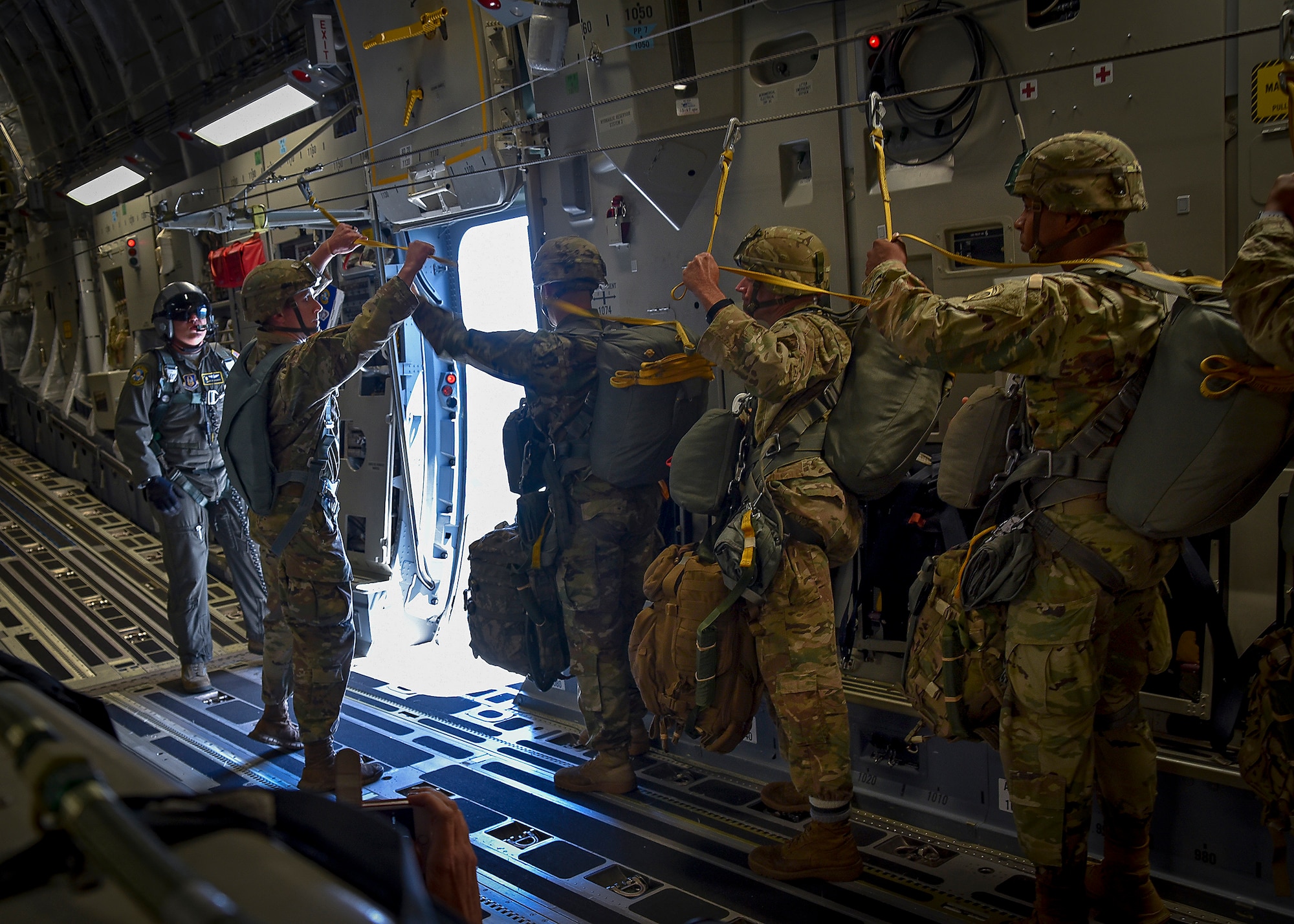 About 1,600 paratroopers from the 82nd Airborne Division packed 18 C-17 Globemaster IIIs from Joint Base Charleston, S.C. en-route to a a Fort Bragg, N.C. airdrop May 25.
 (U.S. Air Force Photo / Maj. Wayne Capps)