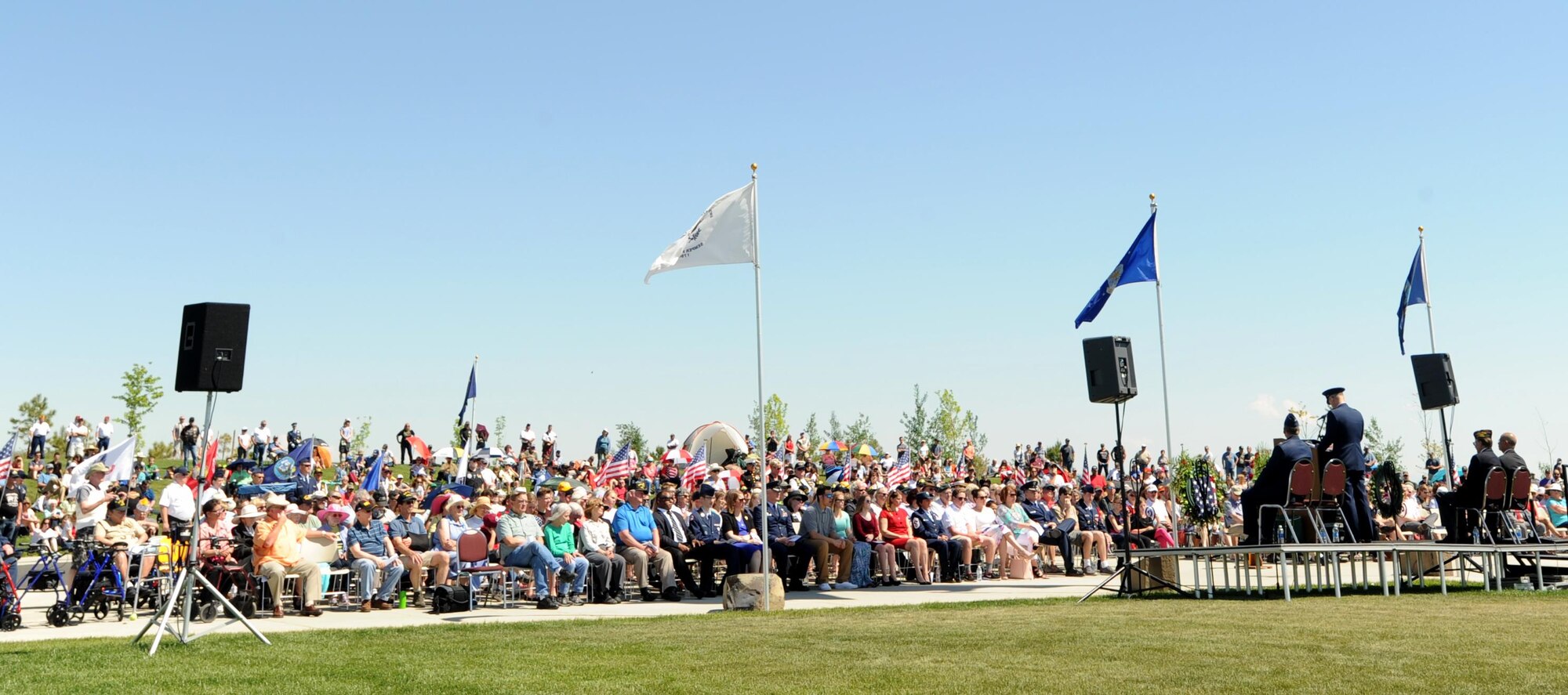 Col. Ryan Samuelson, 92nd Air Refueling Wing commander, addresses several hundred people during a Memorial Day ceremony at Washington State Veterans Cemetery May 29, 2017. The ceremony featured live patriotic music, wreath presentations and other events to honor service members who have lost their lives. (U.S. Air Force photo/ Master Sgt. J.G. Buzanowski)