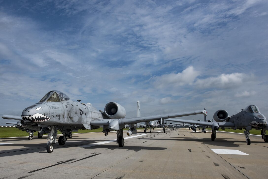 Aircraft from the 23d Wing conducted a surge exercise May 22, 2017, at Moody Air Force Base, Ga. The exercise was conducted in order to demonstrate the wing's ability to rapidly deploy combat ready forces across the globe. The 23d Wing maintains and operates A-10C Thunderbolt IIs, HH-60G Pave Hawks, and HC-130J Combat King II aircraft for precision attack, personnel recovery and combat support worldwide. (U.S. Air Force photo by Airman 1st Class Daniel Snider) 