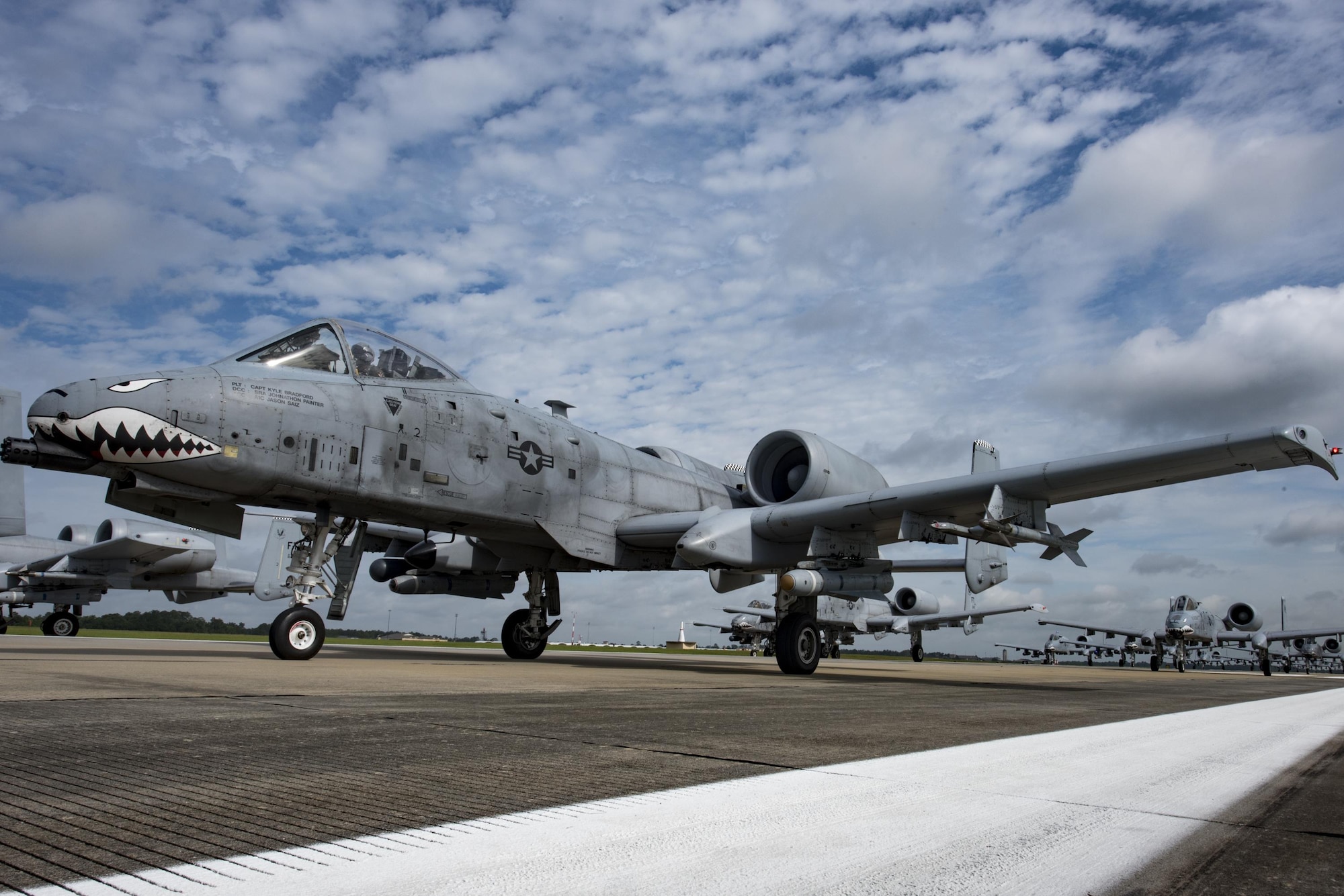 Aircraft from the 23d Wing conducted a surge exercise May 22, 2017, at Moody Air Force Base, Ga. The exercise was conducted in order to demonstrate the wing's ability to rapidly deploy combat ready forces across the globe. The 23d Wing maintains and operates A-10C Thunderbolt IIs, HH-60G Pave Hawks, and HC-130J Combat King II aircraft for precision attack, personnel recovery and combat support worldwide. (U.S. Air Force photo by Airman 1st Class Daniel Snider) 