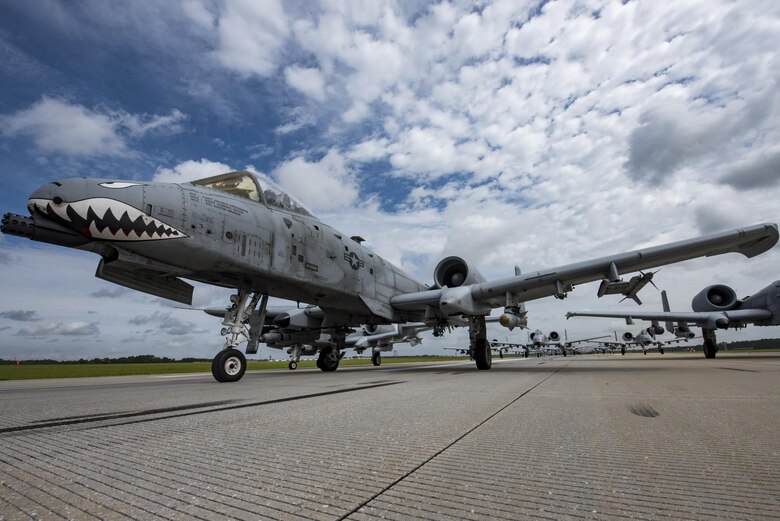 Aircraft from the 23d Wing conducted a surge exercise May 22, 2017, at Moody Air Force Base, Ga. The exercise was conducted in order to demonstrate the wing's ability to rapidly deploy combat ready forces across the globe. The 23d Wing maintains and operates A-10C Thunderbolt IIs, HH-60G Pave Hawks, and HC-130J Combat King II aircraft for precision attack, personnel recovery and combat support worldwide. (U.S. Air Force photo by Airman 1st Class Daniel Snider) 
