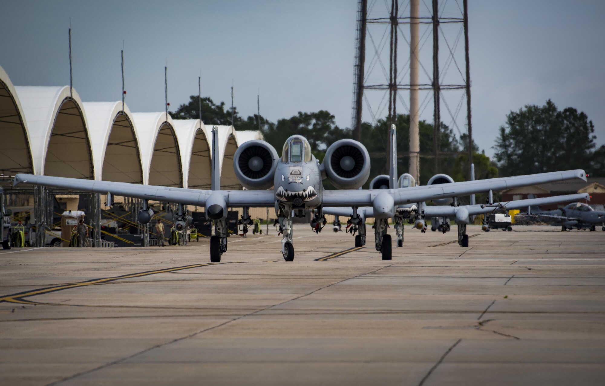 Aircraft from the 23d Wing conducted a surge exercise May 22, 2017, at Moody Air Force Base, Ga. The exercise was conducted in order to demonstrate the wing's ability to rapidly deploy combat ready forces across the globe. The 23d Wing maintains and operates A-10C Thunderbolt IIs, HH-60G Pave Hawks, and HC-130J Combat King II aircraft for precision attack, personnel recovery and combat support worldwide. (U.S. Air Force photo by Airman 1st Class Lauren Sprunk) 