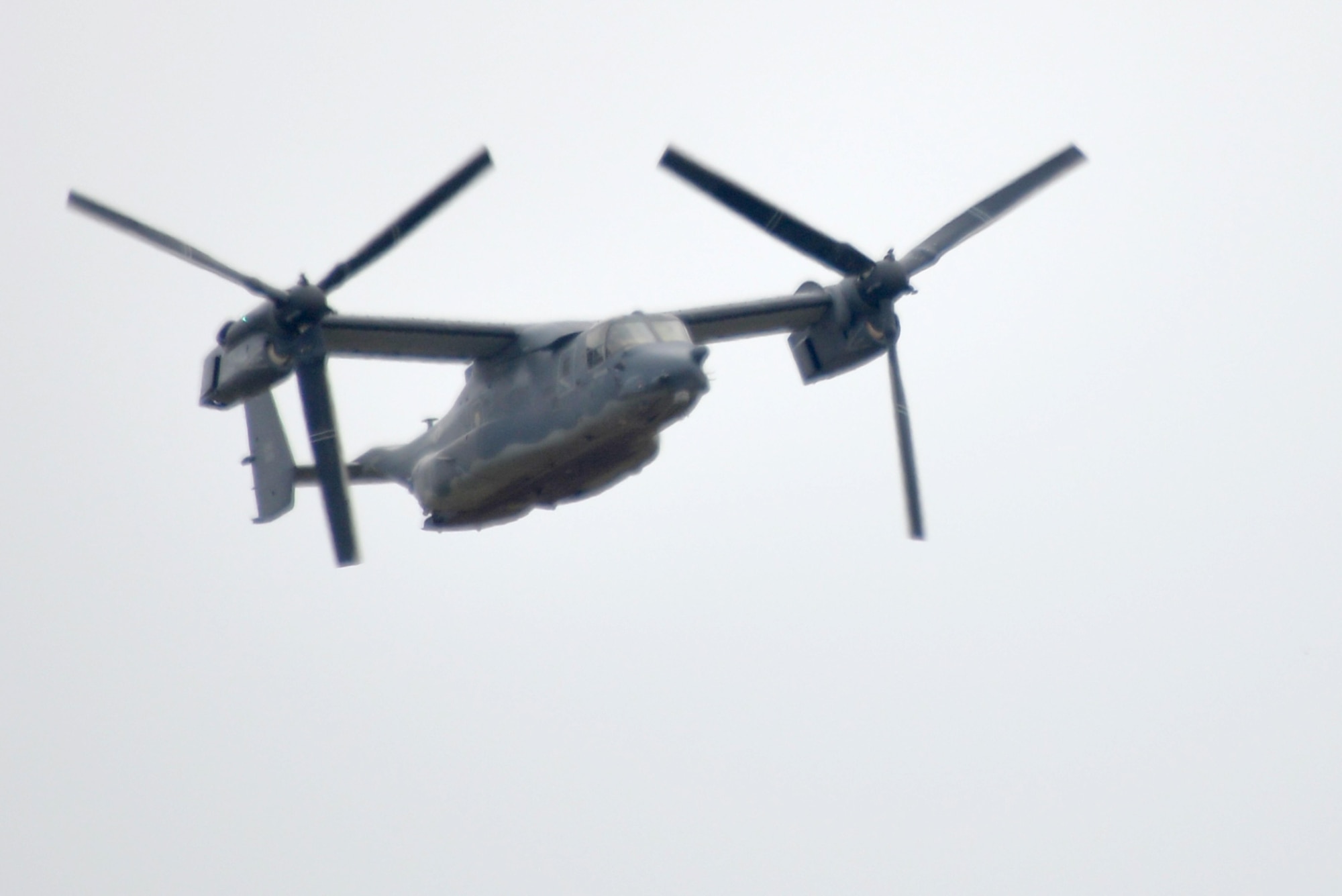 A CV-22 Osprey from Cannon Air Force Base, New Mexico, prepares to land on Goodfellow Air Force Base, Texas, May 30, 2017. The CV-22 Osprey is a tilt rotor aircraft that is capable of the take-off and landing qualities of a helicopter with the fuel efficiency and speed of a turboprop aircraft. Its mission is to conduct long-range infiltration, exfiltration and resupply missions. (U.S. Air Force photo by Airman 1st Class Randall Moose/Released) 