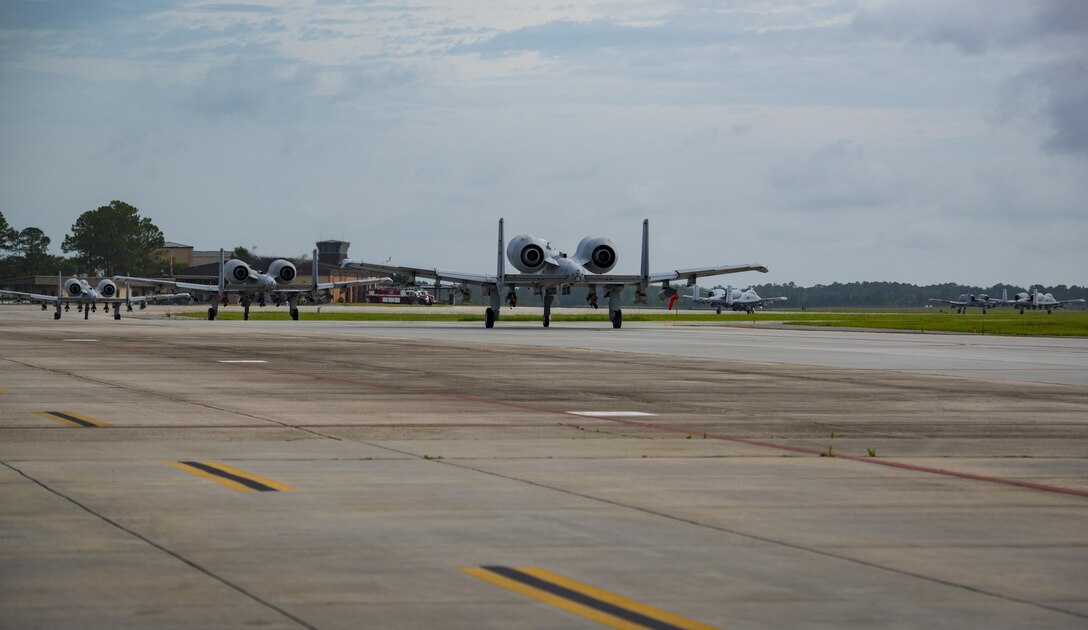 Aircraft from the 23d Wing conducted a surge exercise May 22, 2017, at Moody Air Force Base, Ga. The exercise was conducted in order to demonstrate the wing's ability to rapidly deploy combat ready forces across the globe. The 23d Wing maintains and operates A-10C Thunderbolt IIs, HH-60G Pave Hawks, and HC-130J Combat King II aircraft for precision attack, personnel recovery and combat support worldwide. (U.S. Air Force photo by Airman 1st Class Lauren Sprunk) 