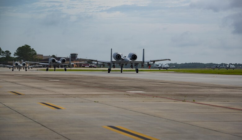 Aircraft from the 23d Wing conducted a surge exercise May 22, 2017, at Moody Air Force Base, Ga. The exercise was conducted in order to demonstrate the wing's ability to rapidly deploy combat ready forces across the globe. The 23d Wing maintains and operates A-10C Thunderbolt IIs, HH-60G Pave Hawks, and HC-130J Combat King II aircraft for precision attack, personnel recovery and combat support worldwide. (U.S. Air Force photo by Airman 1st Class Lauren Sprunk) 
