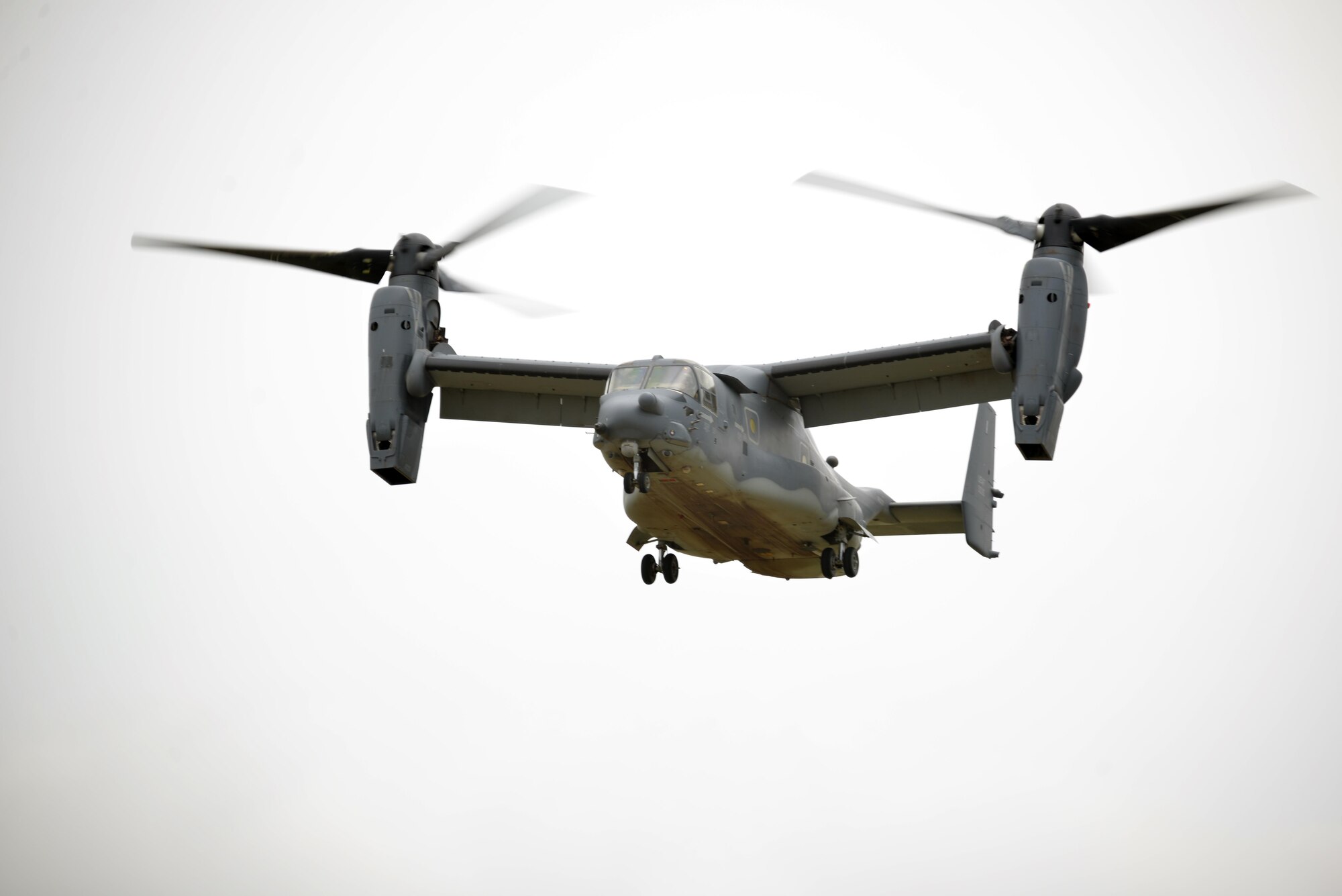 A CV-22 Osprey from Cannon Air Force Base, New Mexico, prepares to land on Goodfellow Air Force Base, Texas, May 30, 2017. The CV-22 Osprey is a tilt rotor aircraft that is capable of the take-off and landing qualities of a helicopter with the fuel efficiency and speed of a turboprop aircraft. Its mission is to conduct long-range infiltration, exfiltration and resupply missions. (U.S. Air Force photo by Airman 1st Class Randall Moose/Released)