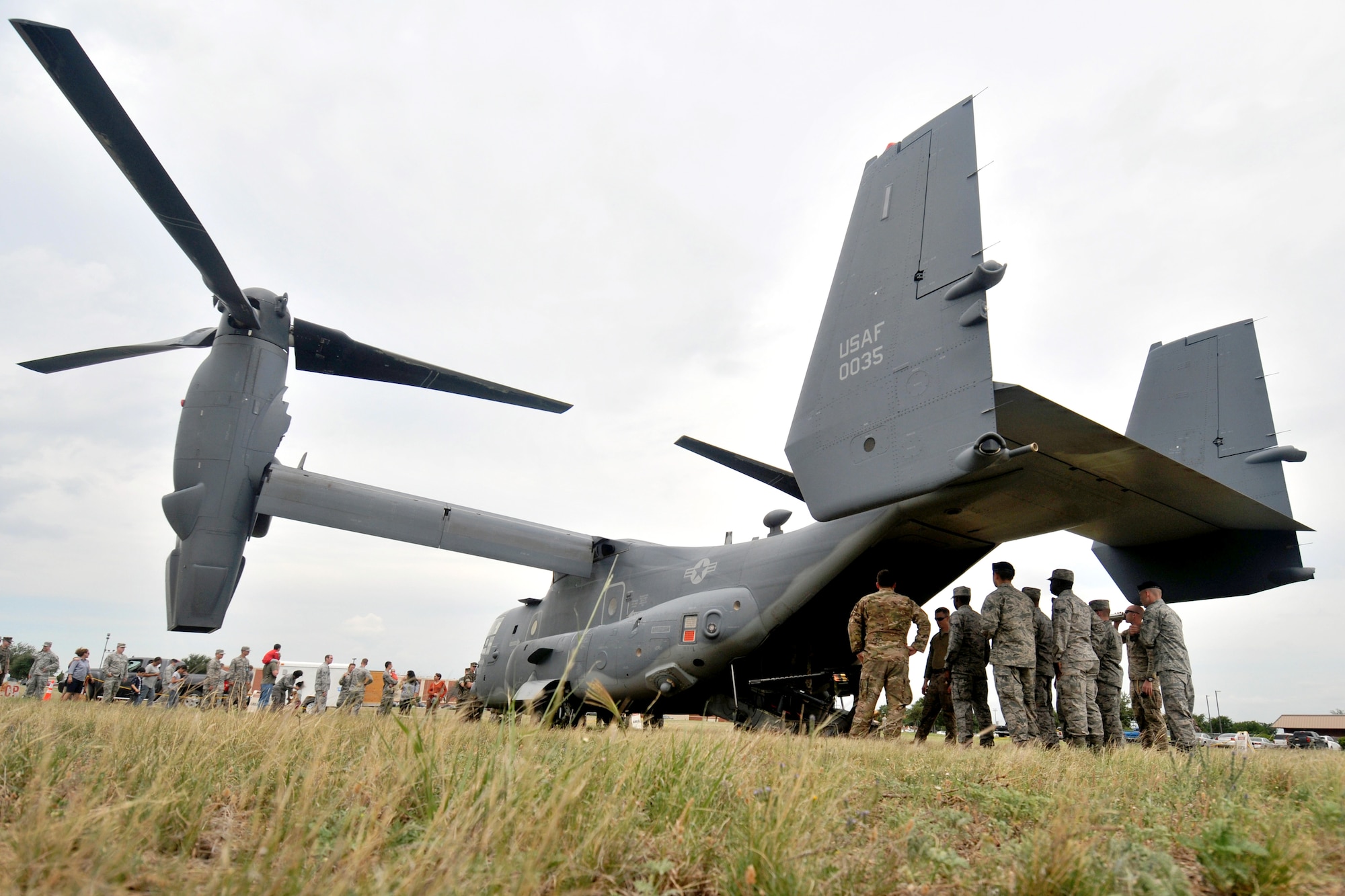 17th Training Wing students tour a CV-22 Osprey assigned to the 20th Special Operations Squadron, Goodfellow Air Force Base, Texas, May 30, 2017. The aircraft landed on Goodfellow after travelling from Cannon Air Force Base, New Mexico to provide Goodfellow students with an orientation on special operations missions and aircraft they may support after graduation.  (U.S. Air Force photo by Airman 1st Class Randall Moose/Released)