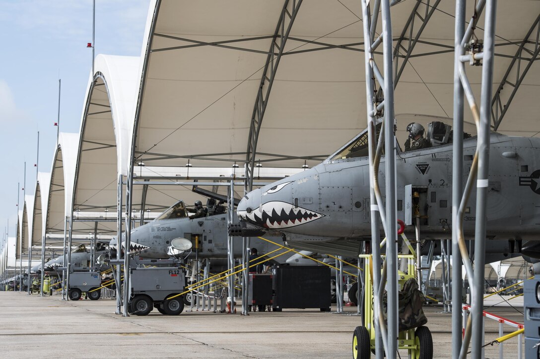 Aircraft from the 23d Wing conducted a surge exercise May 22, 2017, at Moody Air Force Base, Ga. The exercise was conducted in order to demonstrate the wing's ability to rapidly deploy combat ready forces across the globe. The 23d Wing maintains and operates A-10C Thunderbolt IIs, HH-60G Pave Hawks, and HC-130J Combat King II aircraft for precision attack, personnel recovery and combat support worldwide. (U.S. Air Force photo by Senior Airman Janiqua Robinson) 