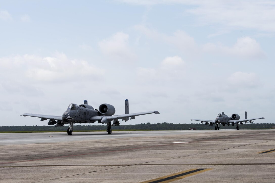 Aircraft from the 23d Wing conducted a surge exercise May 22, 2017, at Moody Air Force Base, Ga. The exercise was conducted in order to demonstrate the wing's ability to rapidly deploy combat ready forces across the globe. The 23d Wing maintains and operates A-10C Thunderbolt IIs, HH-60G Pave Hawks, and HC-130J Combat King II aircraft for precision attack, personnel recovery and combat support worldwide. (U.S. Air Force photo by Senior Airman Janiqua Robinson) 
