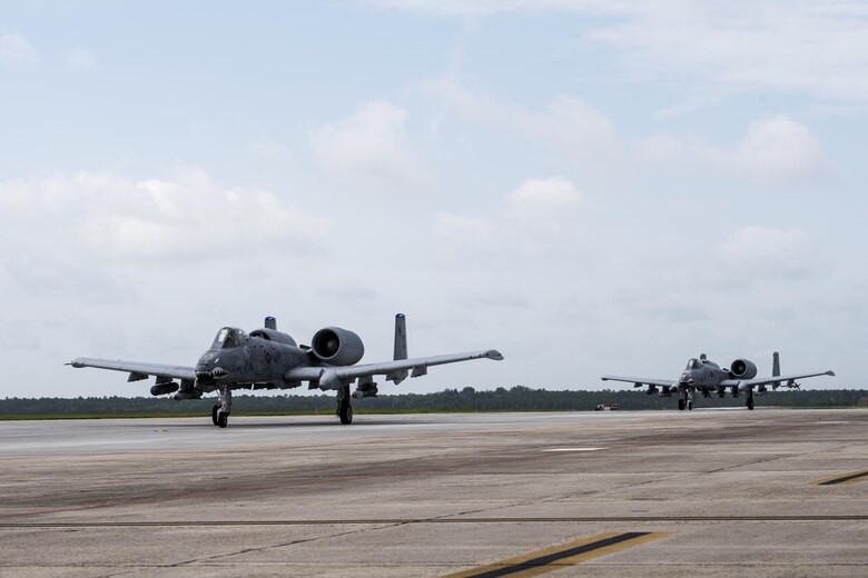 Aircraft from the 23d Wing conducted a surge exercise May 22, 2017, at Moody Air Force Base, Ga. The exercise was conducted in order to demonstrate the wing's ability to rapidly deploy combat ready forces across the globe. The 23d Wing maintains and operates A-10C Thunderbolt IIs, HH-60G Pave Hawks, and HC-130J Combat King II aircraft for precision attack, personnel recovery and combat support worldwide. (U.S. Air Force photo by Senior Airman Janiqua Robinson) 