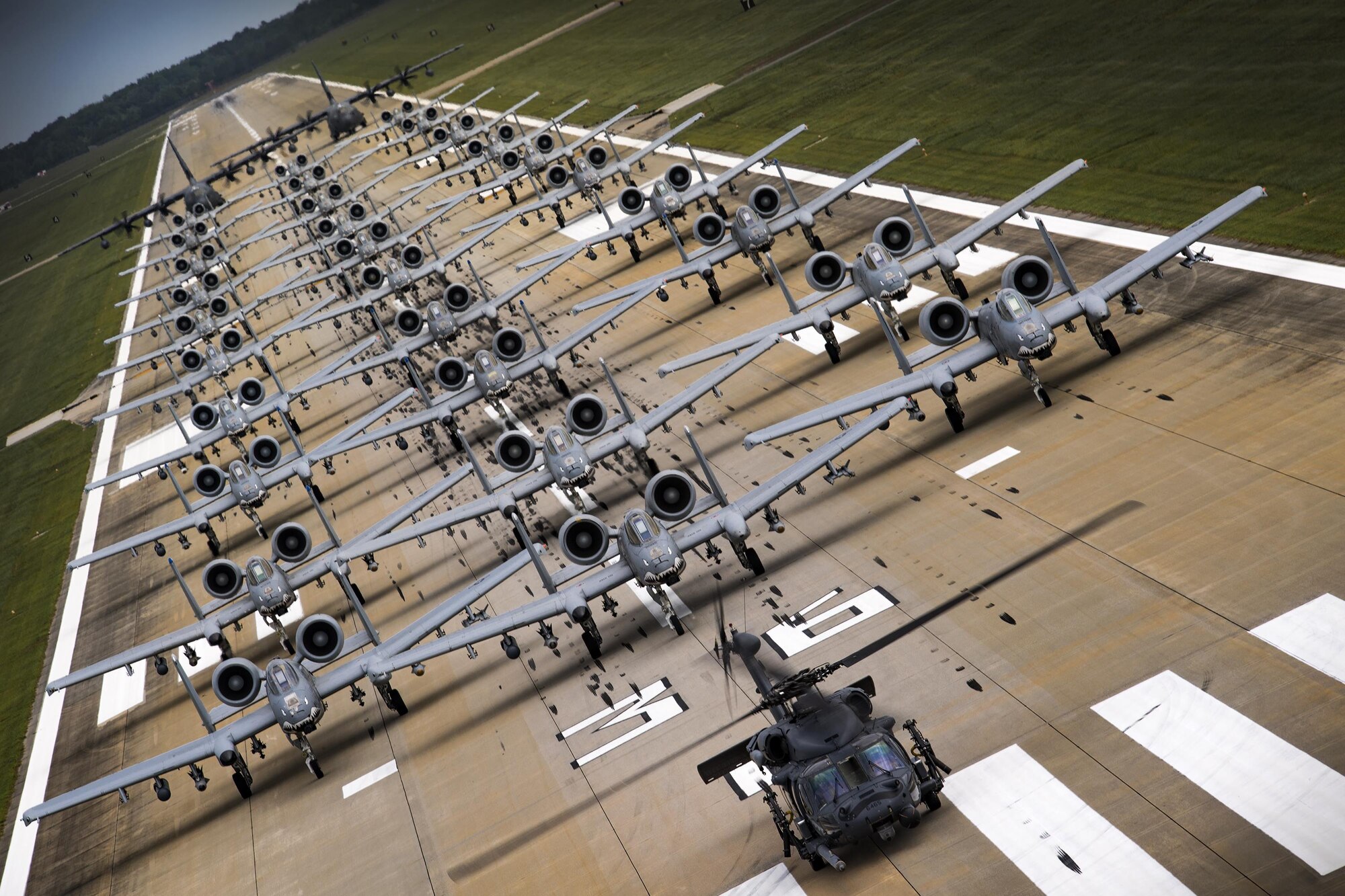 Aircraft from the 23d Wing conducted a surge exercise May 22, 2017, at Moody Air Force Base, Ga. The exercise was conducted in order to demonstrate the wing's ability to rapidly deploy combat ready forces across the globe. The 23d Wing maintains and operates A-10C Thunderbolt IIs, HH-60G Pave Hawks, and HC-130J Combat King II aircraft for precision attack, personnel recovery and combat support worldwide. (U.S. Air Force photo by Staff. Sgt. Ryan Callaghan)