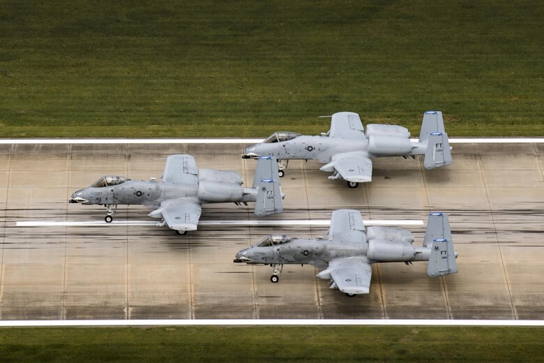 Aircraft from the 23d Wing conducted a surge exercise May 22, 2017, at Moody Air Force Base, Ga. The exercise was conducted in order to demonstrate the wing's ability to rapidly deploy combat ready forces across the globe. The 23d Wing maintains and operates A-10C Thunderbolt IIs, HH-60G Pave Hawks, and HC-130J Combat King II aircraft for precision attack, personnel recovery and combat support worldwide. (U.S. Air Force photo by Staff Sgt. Ryan Callaghan) 