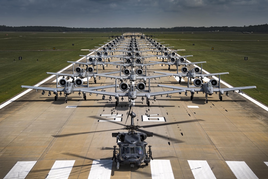 Aircraft from the 23d Wing conducted a surge exercise May 22, 2017, at Moody Air Force Base, Ga. The exercise was conducted in order to demonstrate the wing's ability to rapidly deploy combat ready forces across the globe. The 23d Wing maintains and operates A-10C Thunderbolt IIs, HH-60G Pave Hawks, and HC-130J Combat King II aircraft for precision attack, personnel recovery and combat support worldwide. (U.S. Air Force photo by Staff Sgt. Ryan Callaghan)