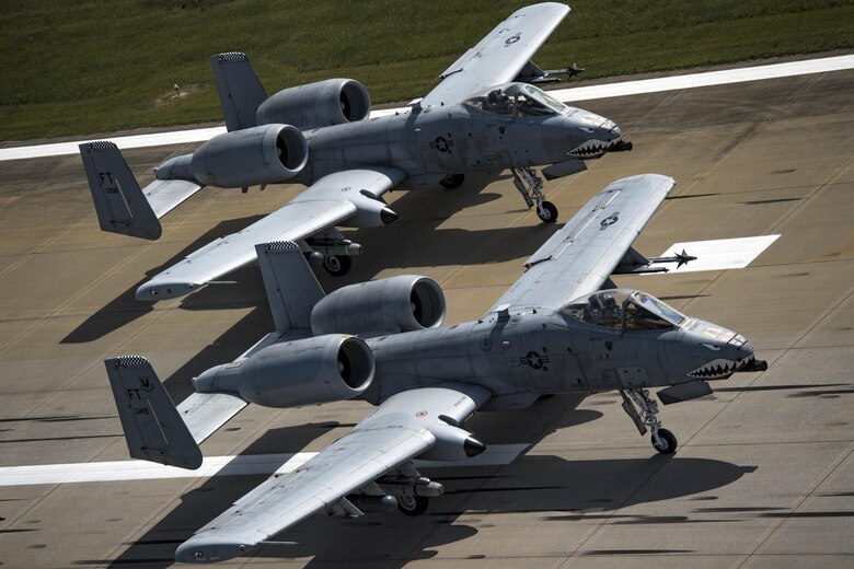 Aircraft from the 23d Wing conducted a surge exercise May 22, 2017, at Moody Air Force Base, Ga. The exercise was conducted in order to demonstrate the wing's ability to rapidly deploy combat ready forces across the globe. The 23d Wing maintains and operates A-10C Thunderbolt IIs, HH-60G Pave Hawks, and HC-130J Combat King II aircraft for precision attack, personnel recovery and combat support worldwide. (U.S. Air Force photo by Staff Sgt. Ryan Callaghan) 