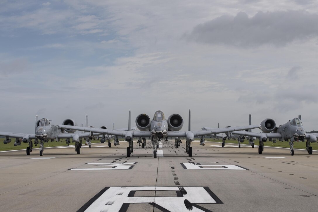 Aircraft from the 23d Wing conducted a surge exercise May 22, 2017, at Moody Air Force Base, Ga. The exercise was conducted in order to demonstrate the wing's ability to rapidly deploy combat ready forces across the globe. The 23d Wing maintains and operates A-10C Thunderbolt IIs, HH-60G Pave Hawks, and HC-130J Combat King II aircraft for precision attack, personnel recovery and combat support worldwide. (U.S. Air Force photo by Tech. Sgt. Zachary Wolf)