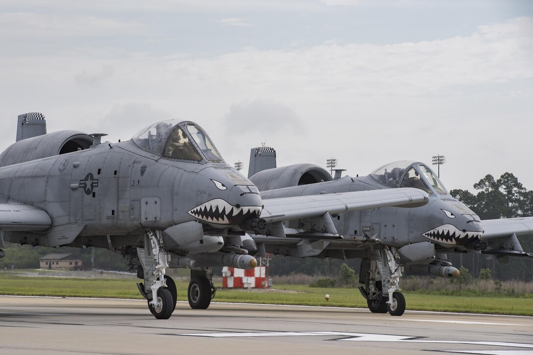 Aircraft from the 23d Wing conducted a surge exercise May 22, 2017, at Moody Air Force Base, Ga. The exercise was conducted in order to demonstrate the wing's ability to rapidly deploy combat ready forces across the globe. The 23d Wing maintains and operates A-10C Thunderbolt IIs, HH-60G Pave Hawks, and HC-130J Combat King II aircraft for precision attack, personnel recovery and combat support worldwide. (U.S. Air Force photo by Tech. Sgt. Zachary Wolf) 