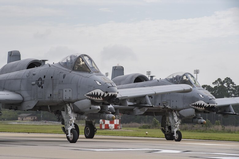 Aircraft from the 23d Wing conducted a surge exercise May 22, 2017, at Moody Air Force Base, Ga. The exercise was conducted in order to demonstrate the wing's ability to rapidly deploy combat ready forces across the globe. The 23d Wing maintains and operates A-10C Thunderbolt IIs, HH-60G Pave Hawks, and HC-130J Combat King II aircraft for precision attack, personnel recovery and combat support worldwide. (U.S. Air Force photo by Tech. Sgt. Zachary Wolf) 