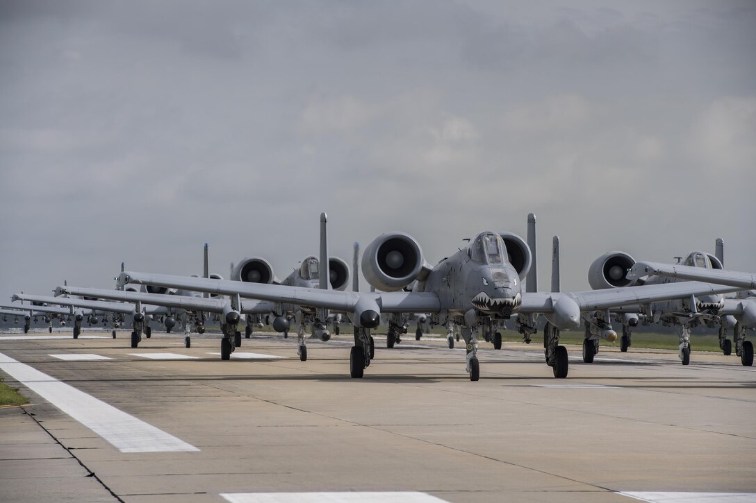 Aircraft from the 23d Wing conducted a surge exercise May 22, 2017, at Moody Air Force Base, Ga. The exercise was conducted in order to demonstrate the wing's ability to rapidly deploy combat ready forces across the globe. The 23d Wing maintains and operates A-10C Thunderbolt IIs, HH-60G Pave Hawks, and HC-130J Combat King II aircraft for precision attack, personnel recovery and combat support worldwide. (U.S. Air Force photo by Tech. Sgt. Zachary Wolf)