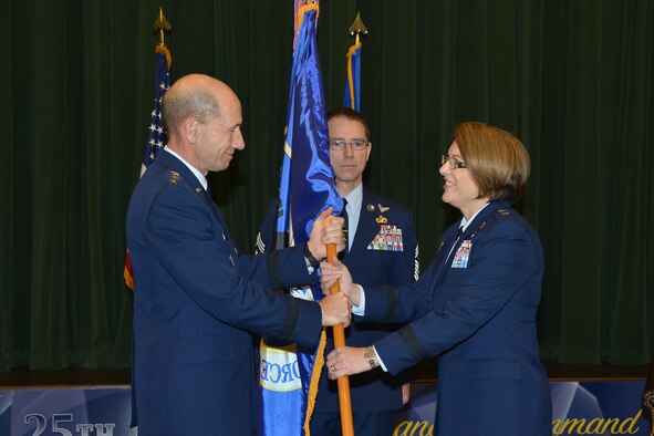 Maj. Gen. Mary F. O’Brien takes command of 25th Air Force from Gen. Mike Holmes, Commander of Air Combat Command, May 31, at Joint Base San Antonio – Lackland.
