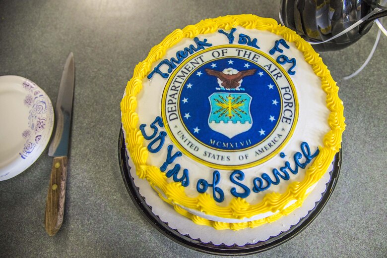 Karen Bunch was honored during a Wingman Day luncheon for the Cyberspace Support Squadron at Scott Air Force Base, Illinois, May 12, 2017. Over the last 50 years Bunch has worked for the Air Force including Headquarters Mobility Air Command, Air Force Communications Service, Air Force Network Integration Center and Air FOrce Communications Agency. (U.S. Air Force photo by Airman 1st Class Daniel Garcia)