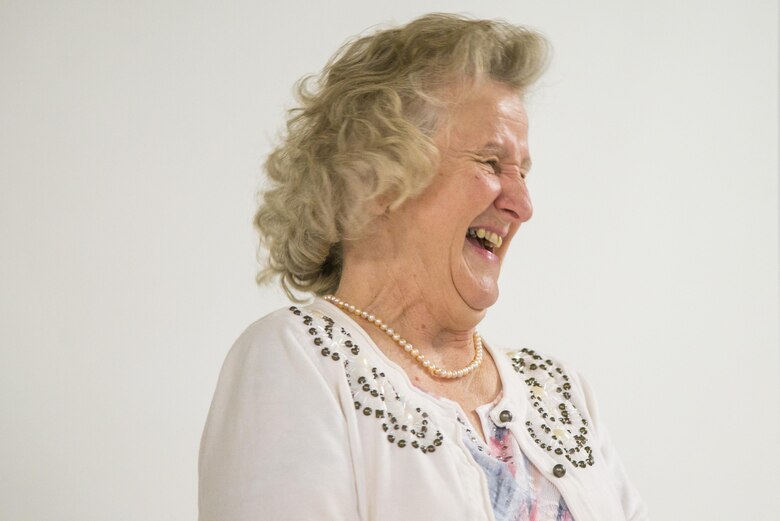 Karen Bunch was honored during a Wingman Day luncheon for the Cyberspace Support Squadron at Scott Air Force Base, Illinois, May 12, 2017. Over the last 50 years Bunch has worked for the Air Force including Headquarters Mobility Air Command, Air Force Communications Service, Air Force Network Integration Center and Air Force Communications Agency. (U.S. Air Force photo by Airman 1st Class Daniel Garcia)
