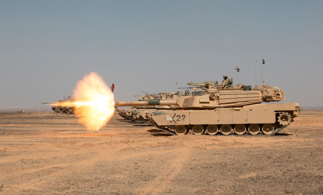 An M1A2 Abrams Main Battle Tank assigned to 3rd Battalion, 8th Cavalry Regiment, 3rd Armored Brigade Combat Team, 1st Cavalry Division engages targets at a combined, joint live-fire accuracy screening test range May 10 in Wadi Shadiya, Jordan as part of Exercise Eager Lion 2017. Eager Lion was a two-weeklong multinational exercise with the Hashemite Kingdom of Jordan, in order to exchange military expertise and improve interoperability among partner nations. (U.S. Army photo by Staff Sgt. Leah R. Kilpatrick, 3rd Armored Brigade Combat Team Public Affairs Office, 1st Cavalry Division (released)