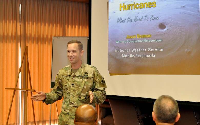 Col. James Delapp, Mobile District commander, speaks to local stakeholders May 25 during the annual Hurricane/Industry Day, held at the Alabama International Trade Center. Hurricane season officially begins June 1.