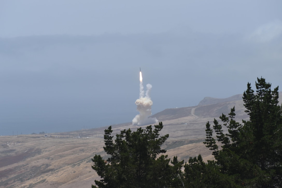 A long-range ground-based interceptor launches from Vandenberg Air Force Base, Calif., May 30, 2017, to intercept an intercontinental ballistic missile target that was launched from the U.S. Army’s Reagan Test Site on Kwajalein Atoll in the Marshall Islands. This was the first live-fire test event against an ICBM-class target. The ground-based midcourse defense is an element of the Ballistic Missile Defense System. DoD photo by Senior Airman Robert J. Volio