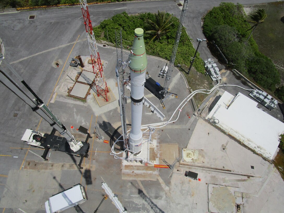 The intercontinental ballistic missile-class live-test target before launch, May 30, 2017, from the U.S. Army’s Reagan test site on Kwajalein Atoll in the Marshall Islands. DoD photo